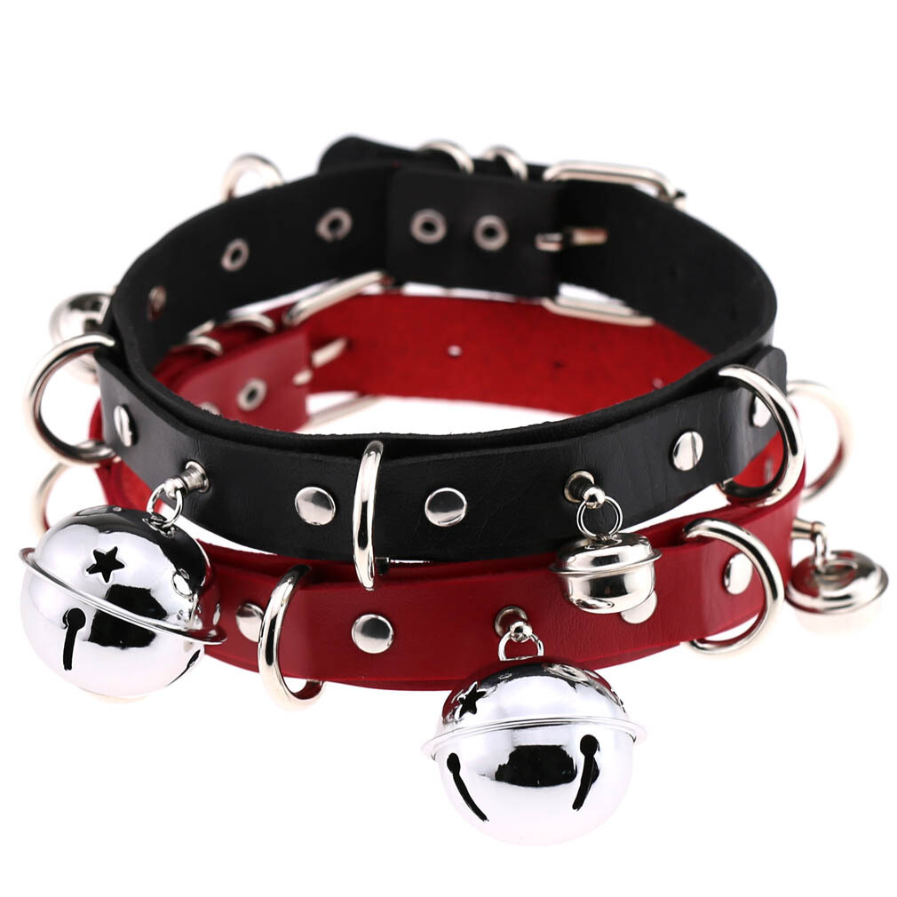 Allacki Punk Leather Choker Necklace Multilayer Bells Metal Chocker Collar