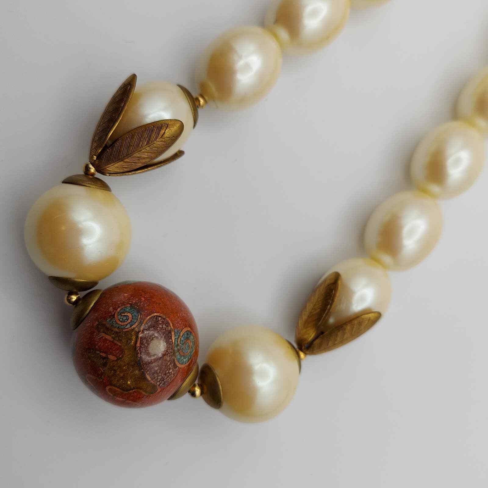 Chunky Egg Shape Faux Pearl 18″ Necklace Large Red Venetian Style Center Bead