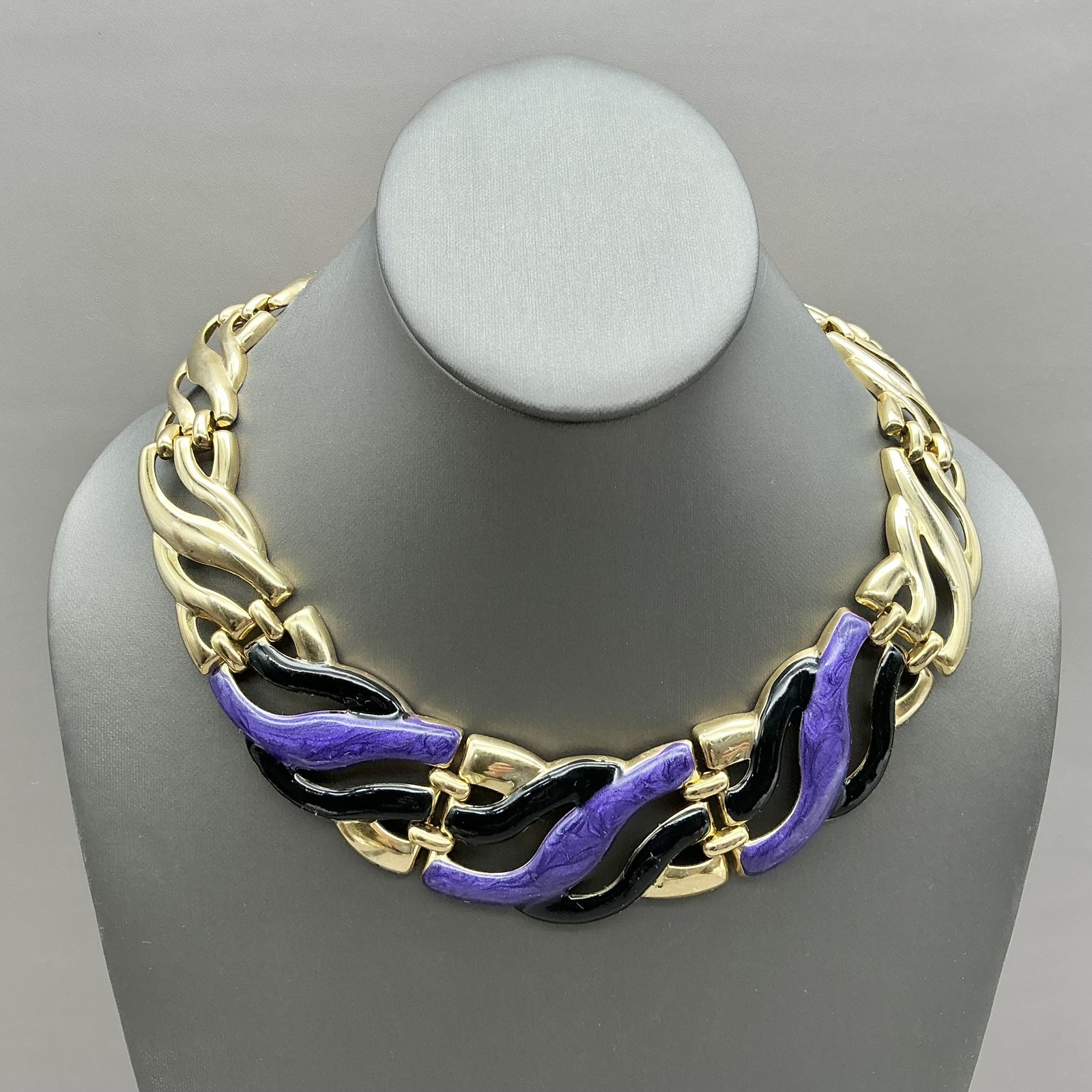 Necklace Statement Collar Gold Tone Purple Black Enamel Wave Womens Jewelry