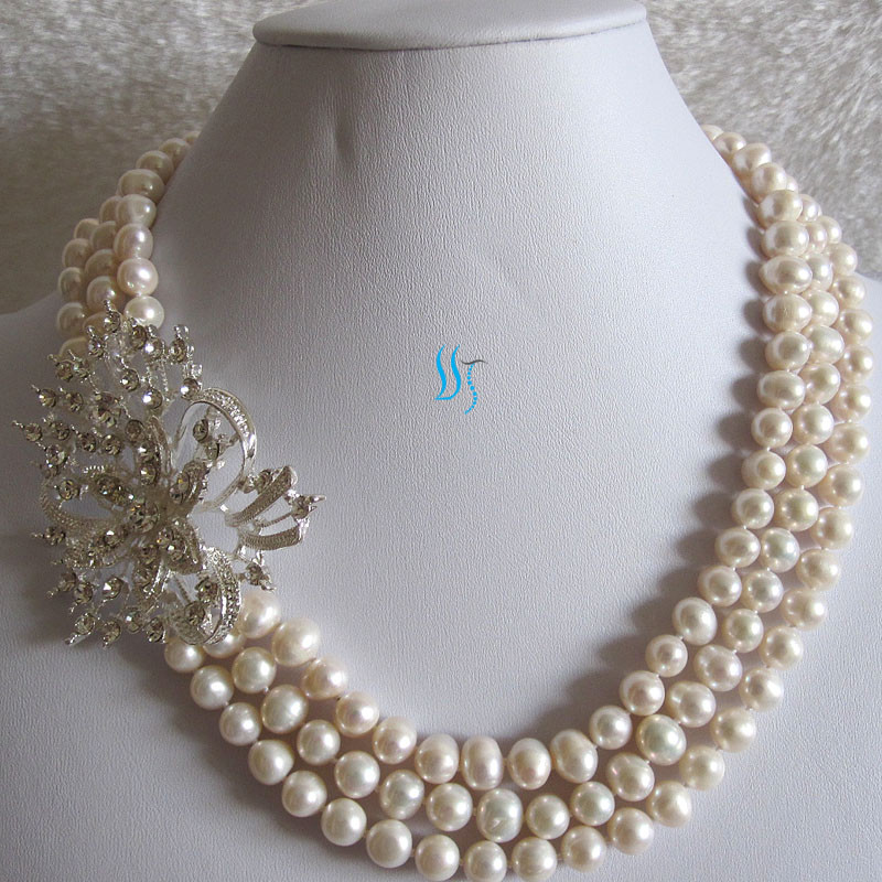 18-20″ 6-8mm 3Row Freshwater Pearl Necklace X2720 Wedding——MORE COLORS