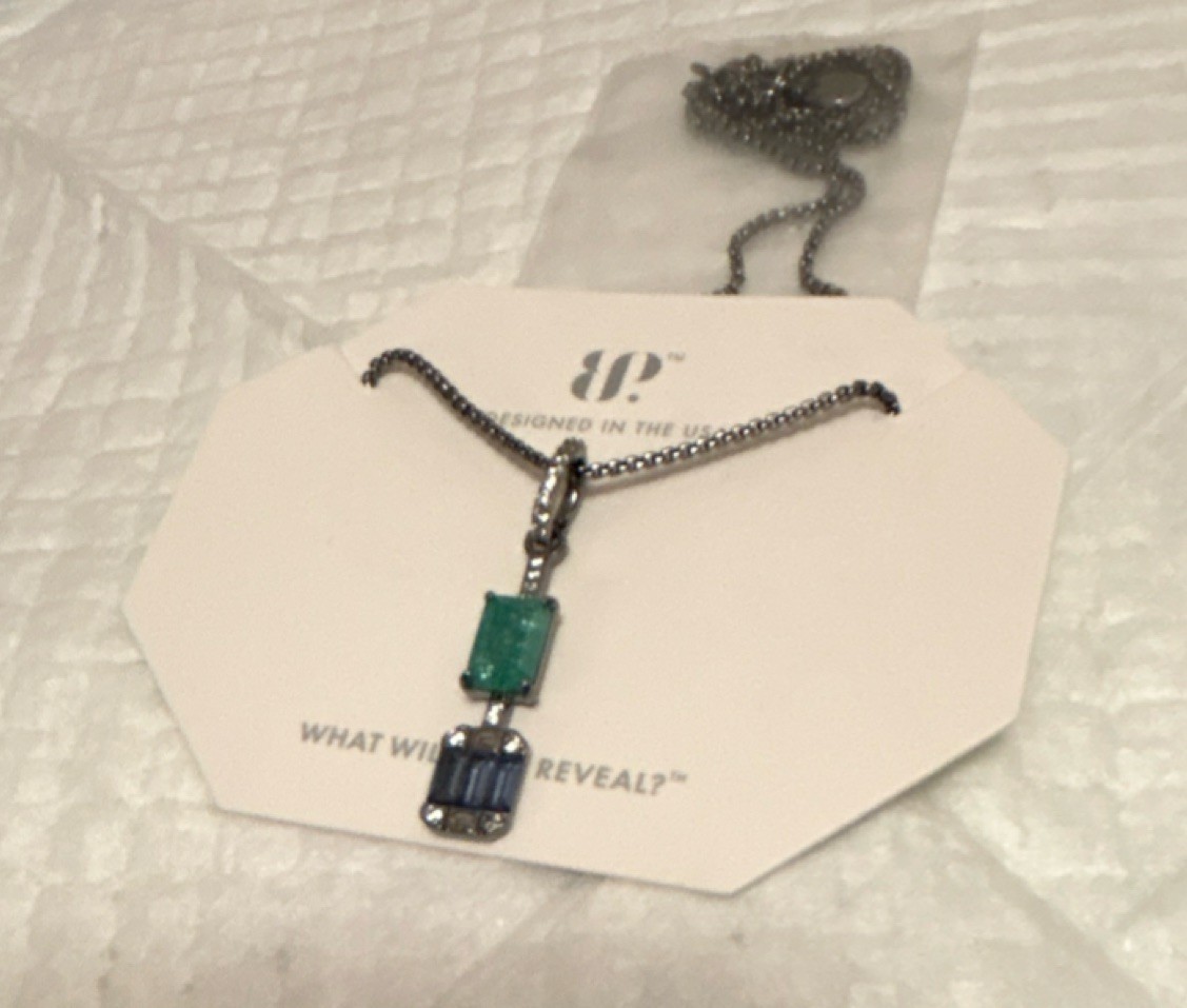 BP Pendant Necklace Hematite Lab Created Emerald Blue Zircon Removable 18″