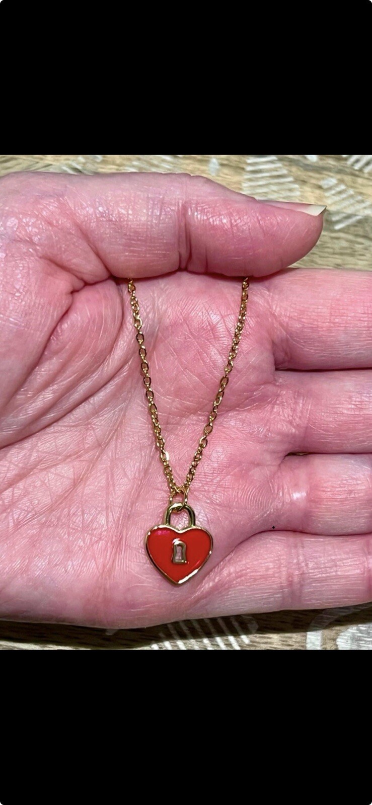 New Adorable Enamel & 14 K Gold Plated Heart Charm On 14 K Gold Chain Necklace
