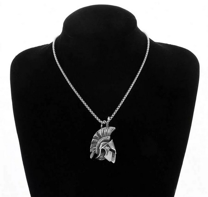 Roman Spartan Warrior Mask Helmet Jewelry Vintage Silvery Pendant Necklace