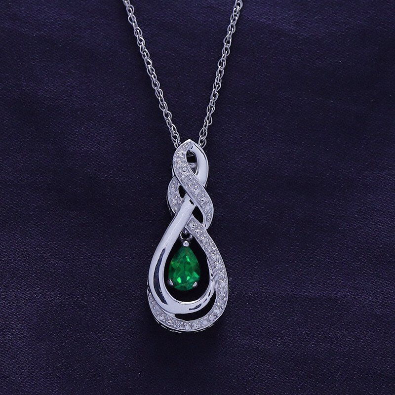 1/4 Ct Natural Diamond & Simulated Emerald Teardrop Pendant Necklace 925 Silver