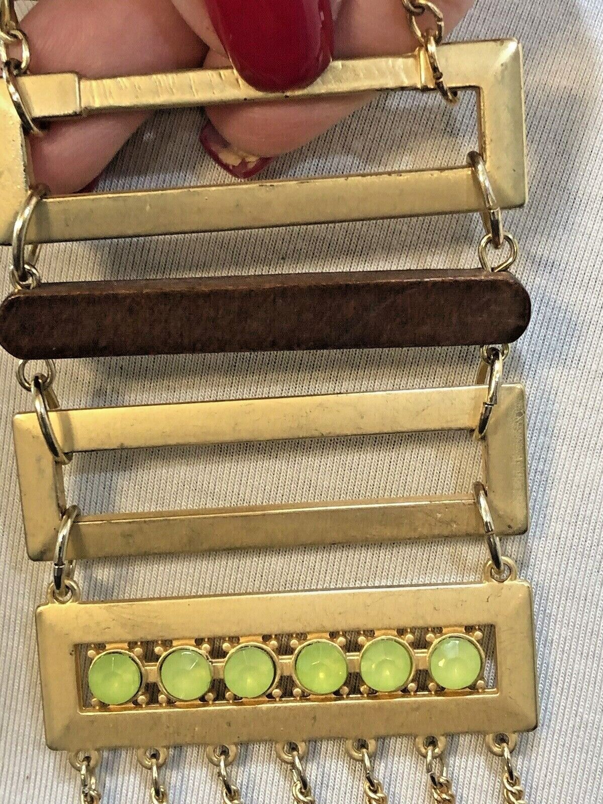 Gold Tone Geometric Fringe Pendant Necklace Wood Chartreuse Green Statement Boho