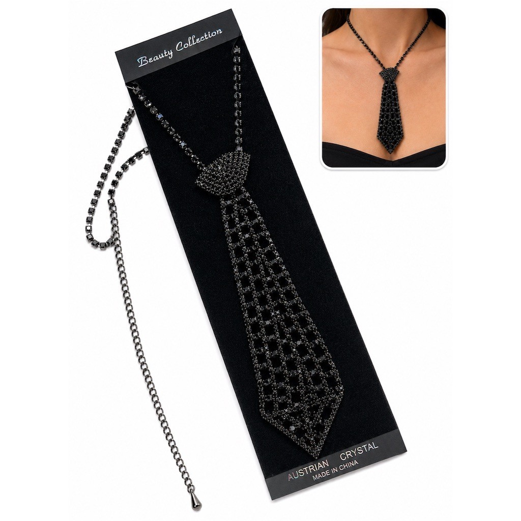 Beauty Collection Necklace Black Unique Crystal Rhinestone Necktie Statement