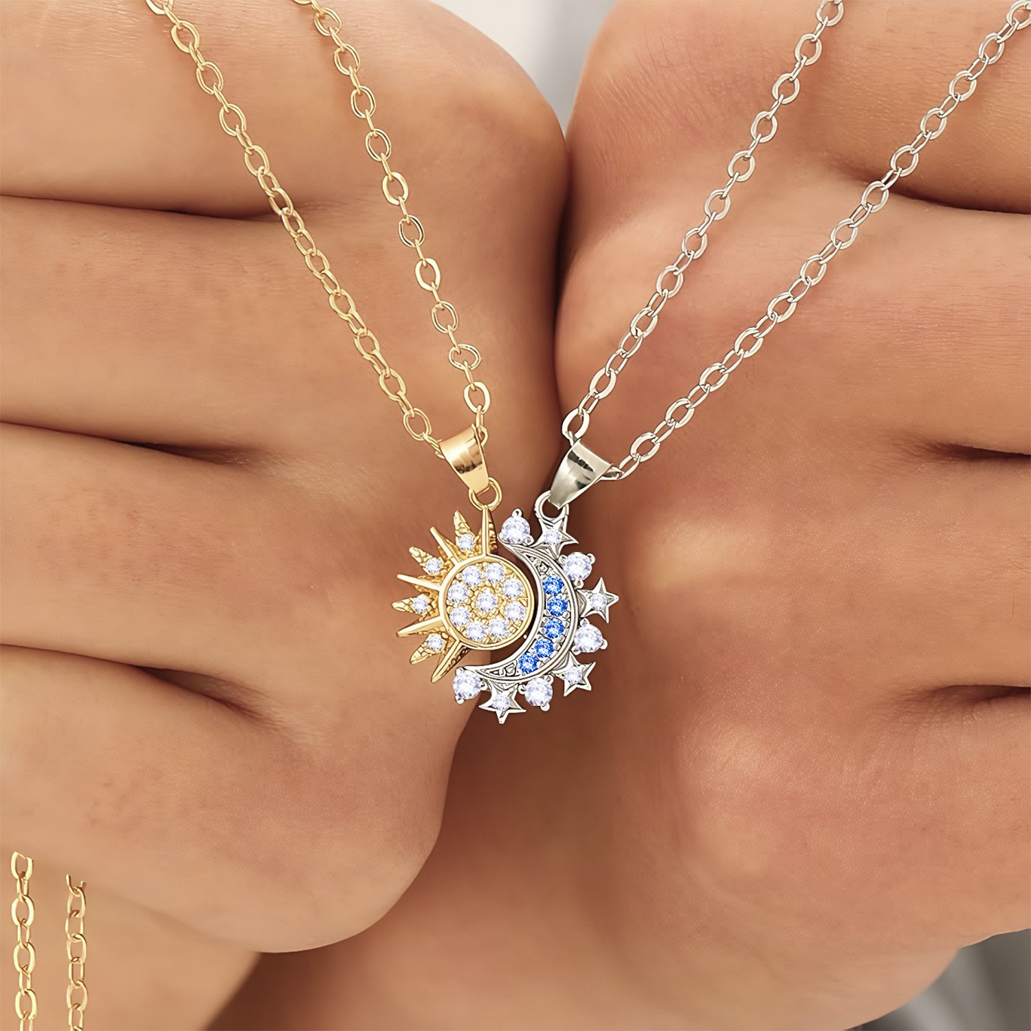 Blue Gemstone Sun & Moon Matching Necklace Set Magnetic & Adjustable Stainless