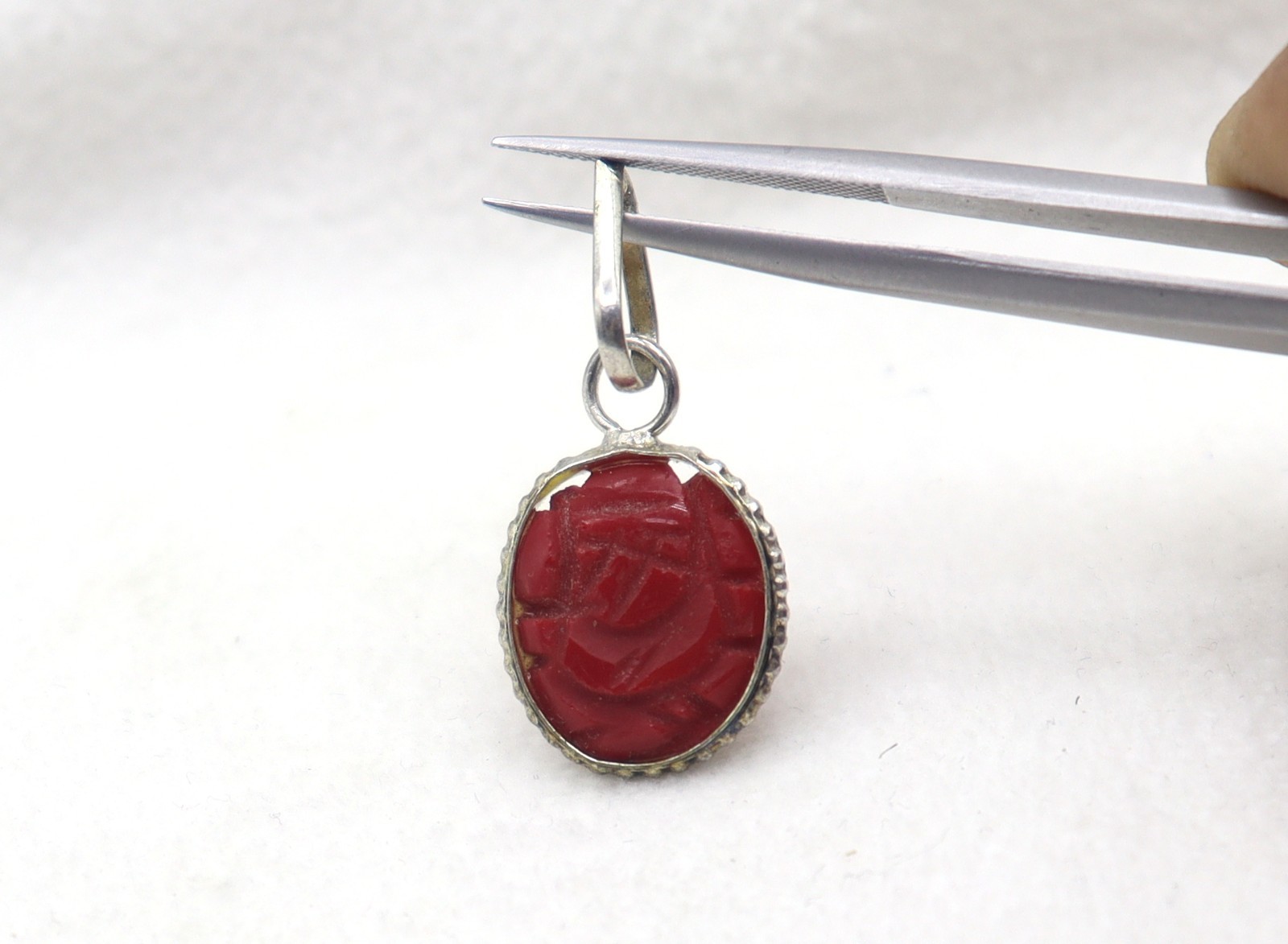 Natural Carving Coral Orange Color Gemstone German Silver pendant 1 Inch