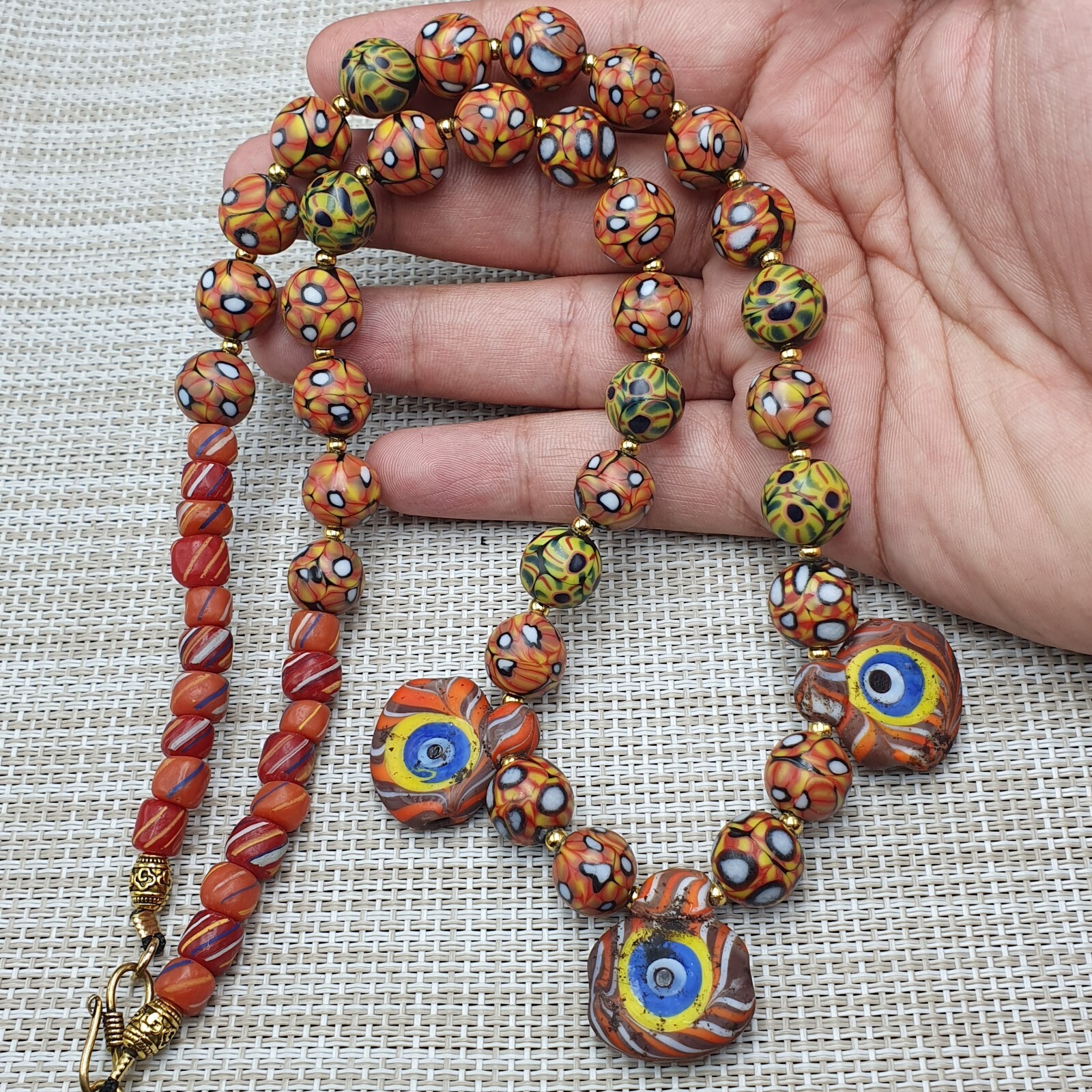 Vintage Venetian Style Eyes Glass with Old 3 Eyes Glass Beaded Necklace