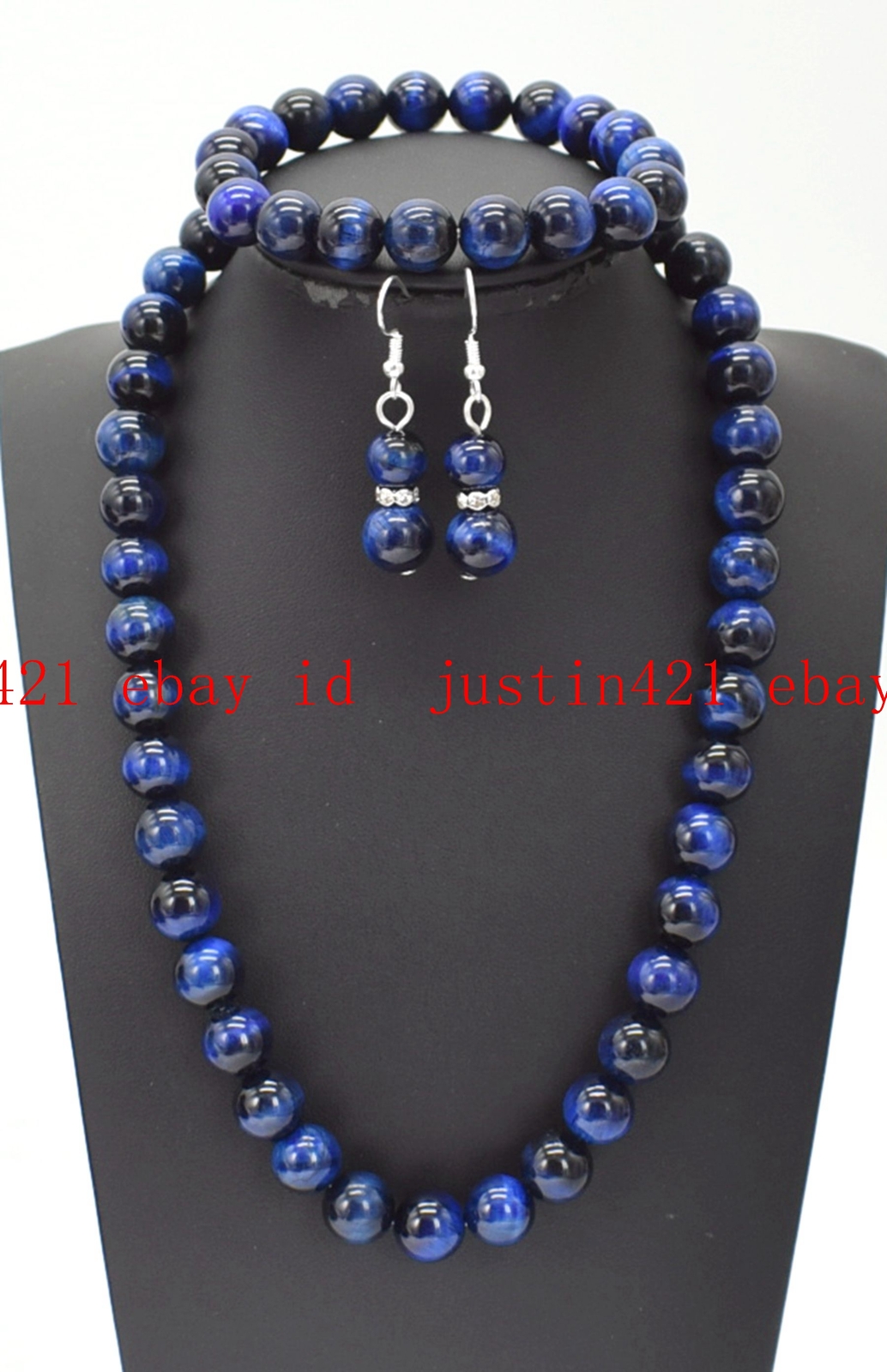 6-14mm Blue Tiger’s Eye Round Gemstone Beads Necklace Bracelet Earrings Set 18”