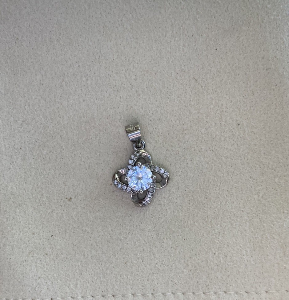925 Sterling Silver Flower Pendant Charm, White Cubic Zirconia, Prong Set Signed