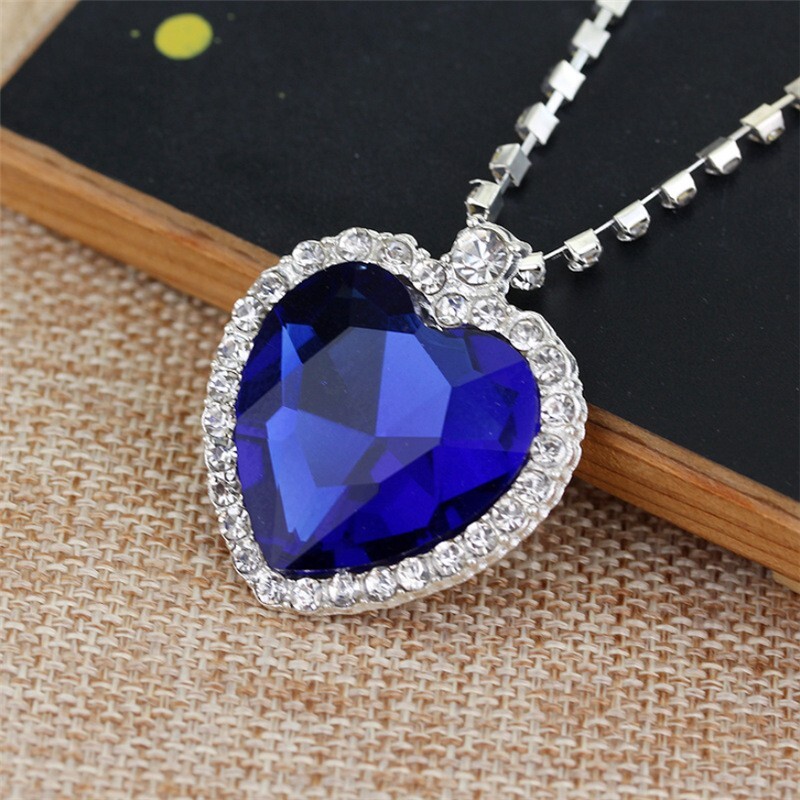 Sterling Silver Plated Blue Red Titanic Ocean Heart Pendant Necklaces For Women