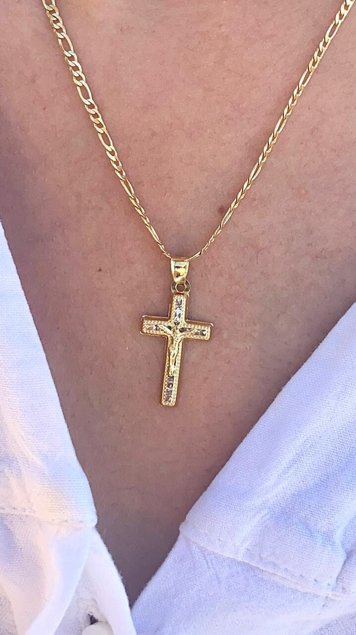 14K Gold Filled CZ Cross Necklace Charm Crucifix Women Men Kid Baby Figaro Chain