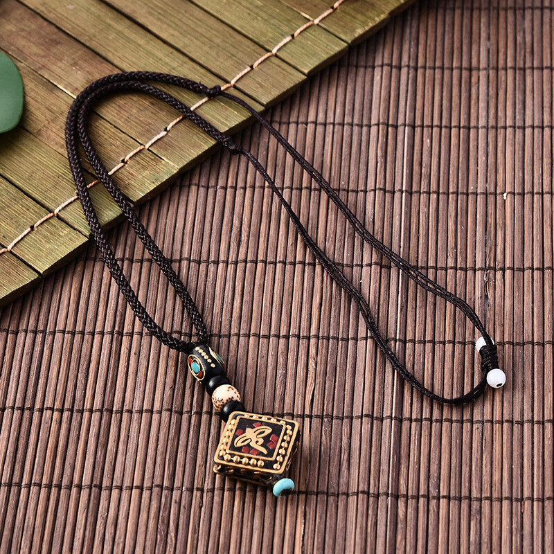 Nepal Long Buddhist Wood Beaded Pendant Necklace Ethnic Buddha Lucky Jewelry