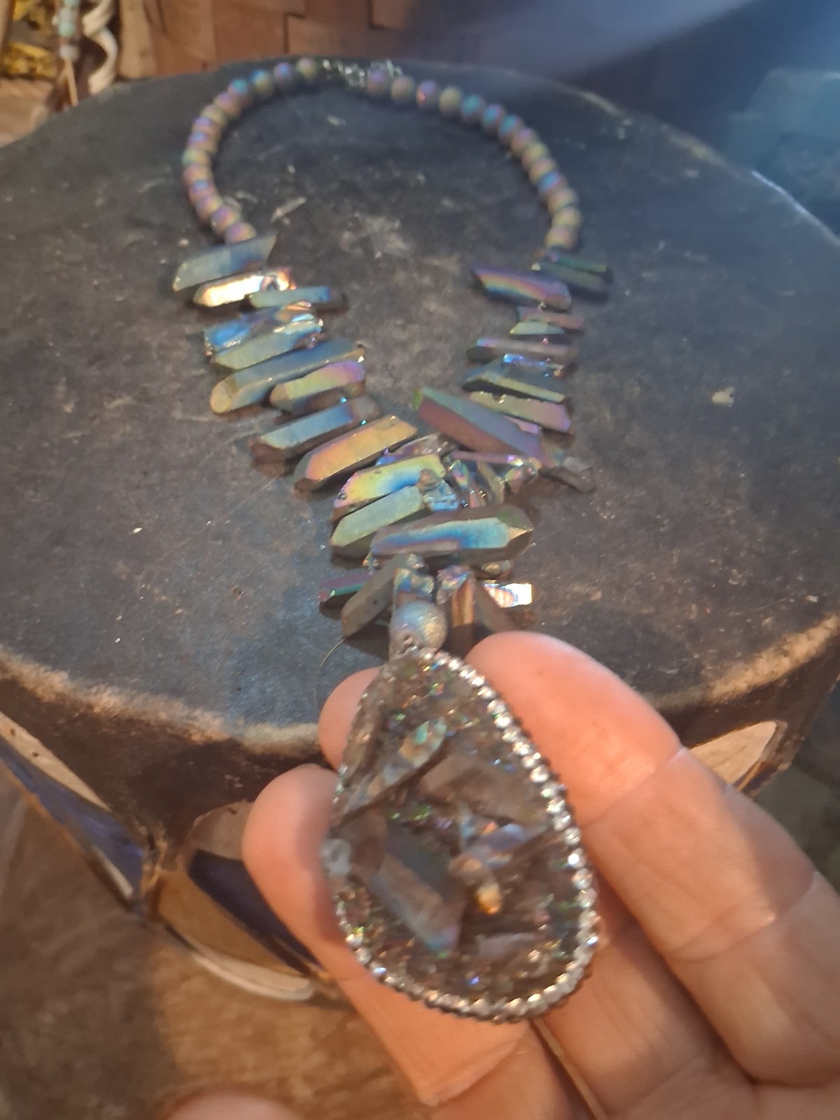 **EXCELLENT RAINBOW TITANIUM QUARTZ CRYSTAL NECKLACE & PENDANT NICE!!*