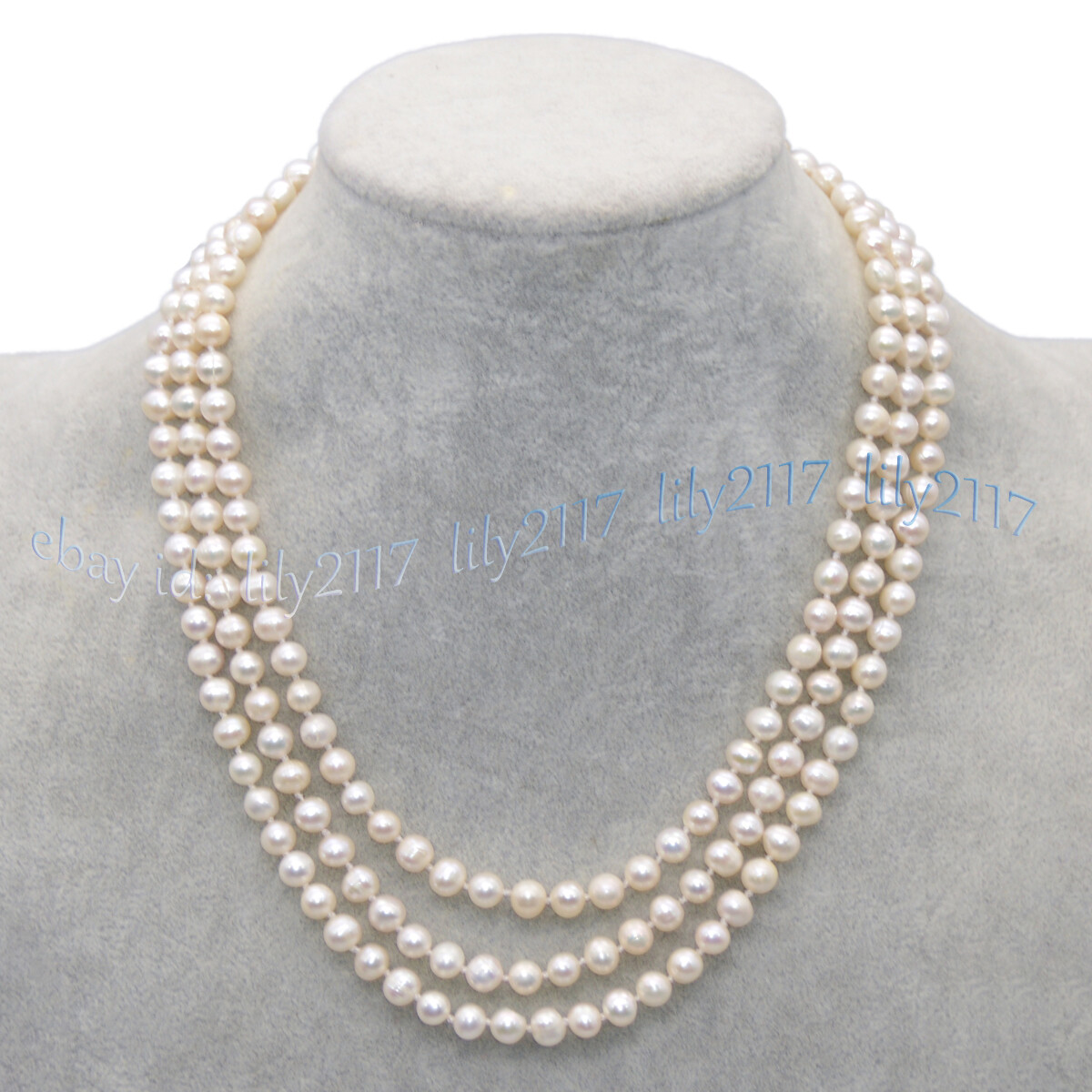 3Rows Natural 6-7mm Akoya Freshwater Cultured White Pearl Beads Necklace 17-19”