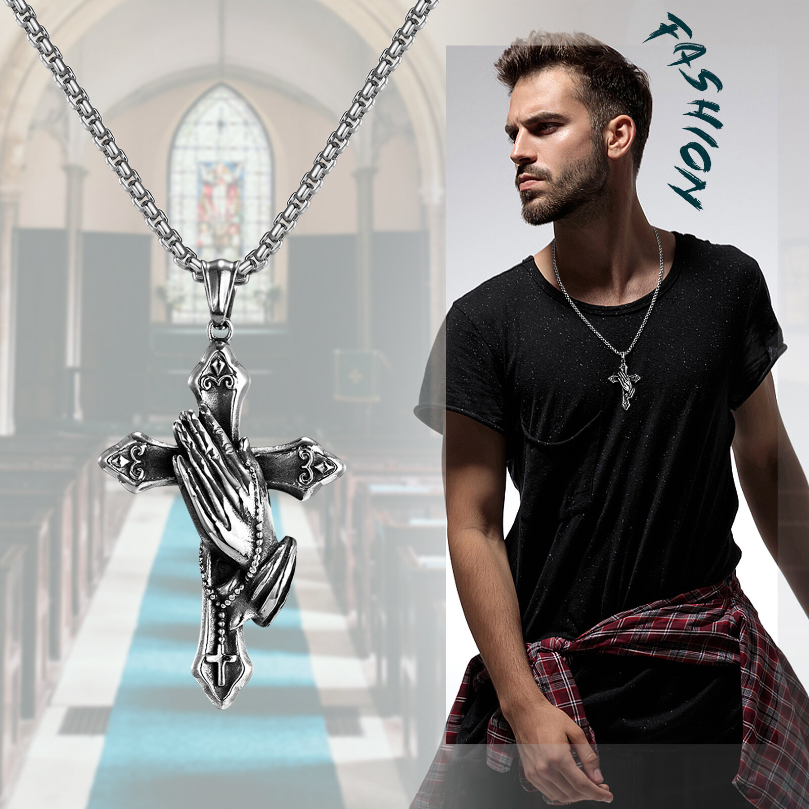 Mens Boys Vintage Stainless Steel Praying Hands Cross Pendant Necklace 22in Gift