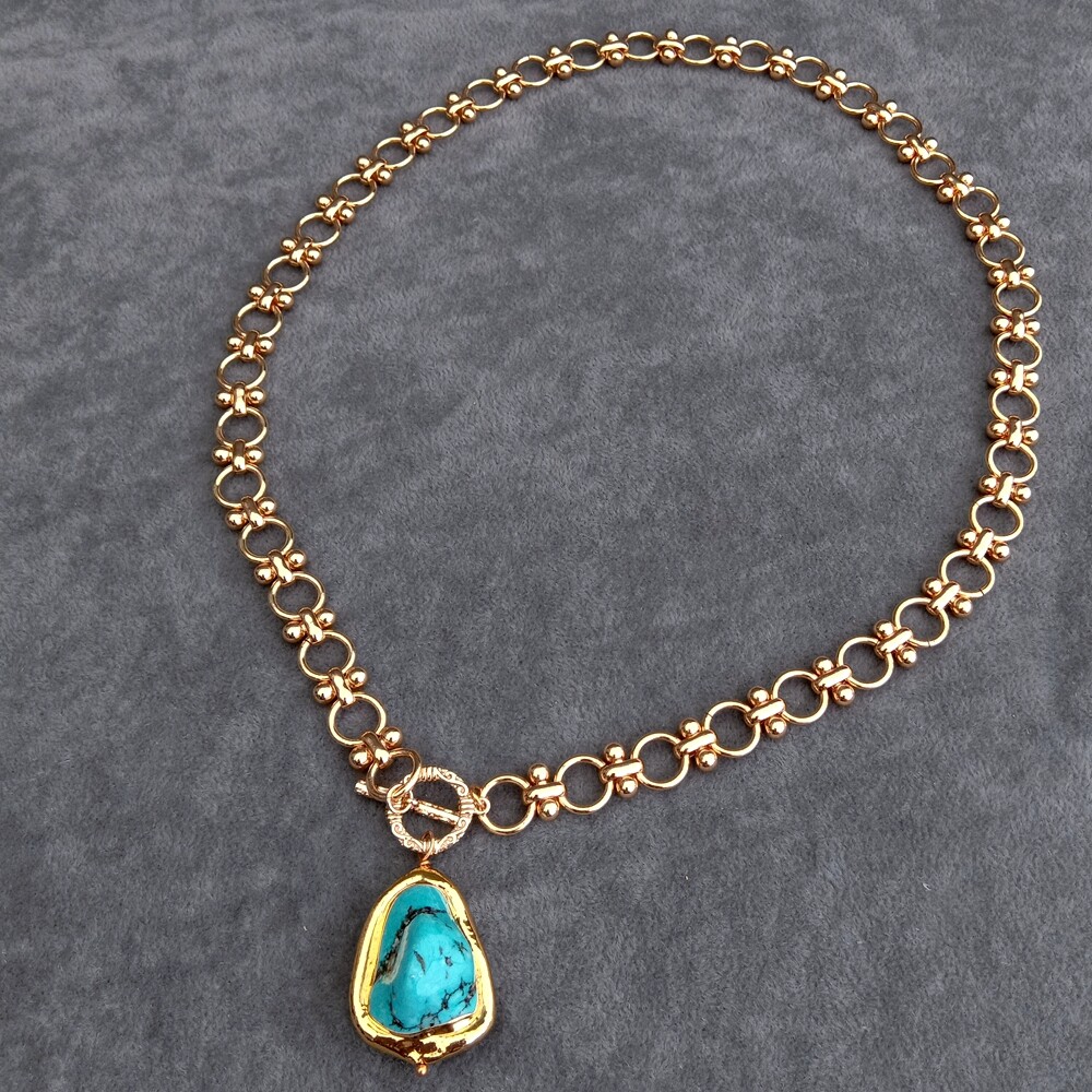 22x28mm Blue Turquoise Pendant Gold Plated Chain Chokers Necklace
