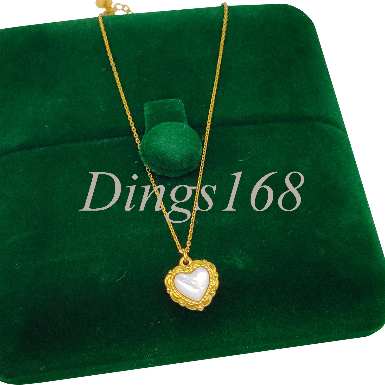18K Yellow Gold Filled White Heart Seashell Pendant 17+2inch Rolo Chain Necklace
