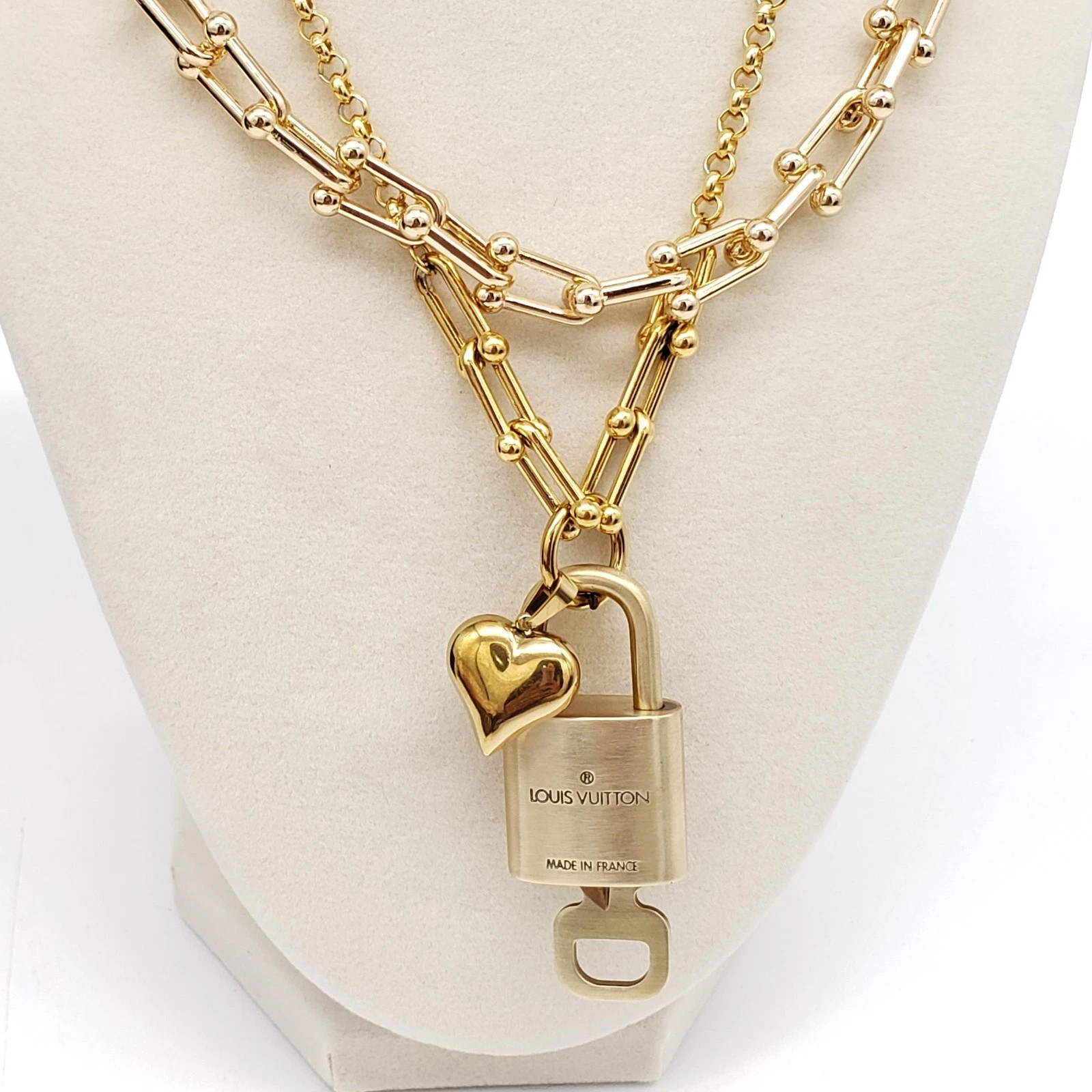 2 Stainless Gold Plated Necklace With Authentic Louis Vuitton Gold Lock Pendant