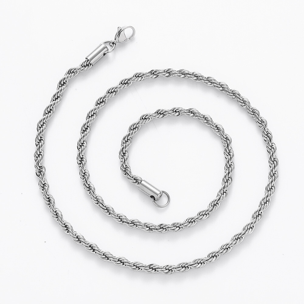 Silver Rope Chain Necklace Stainless Steel Men Women 2/2.5/3/4/5/6/7mm