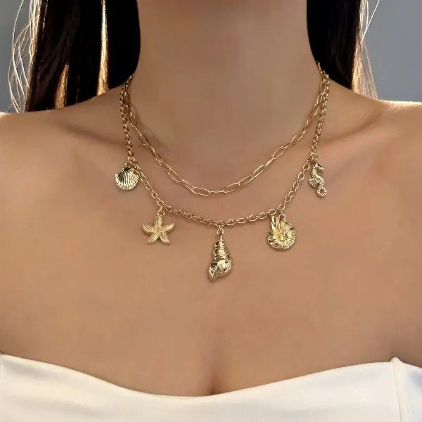 Fashion Gold Color Starfish Conch Turtle Pendant Necklace for Women Handmade She