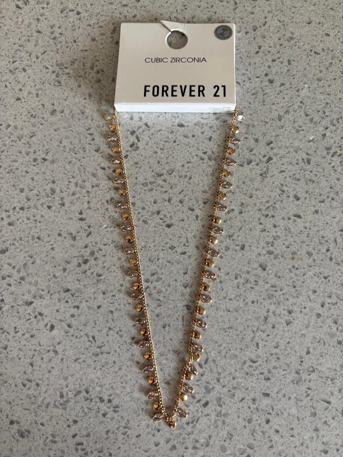 Forever 21 Gold Clear Cubic Zirconia Drop Charm Necklace One Size New Tag
