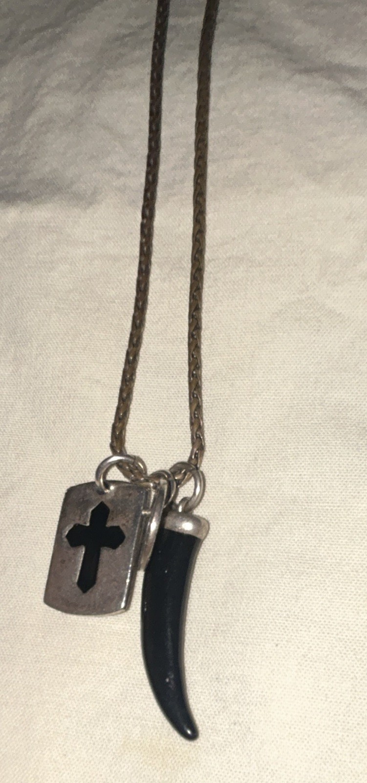 Silver Tone Snake Chain Necklace Cross Charm Black Horn Pendant Adjustable