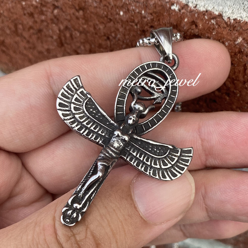 Stainless Steel Womens Egyptian ISIS Ankh Cross Eye of Horus Pendant Necklace