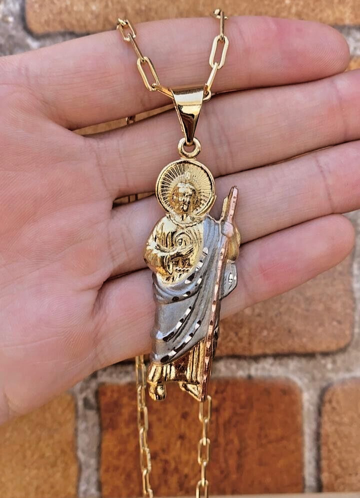 San Judas Necklace 20″ Paper Clip Chain 14K Gold Filled Jewelry Religious Adults