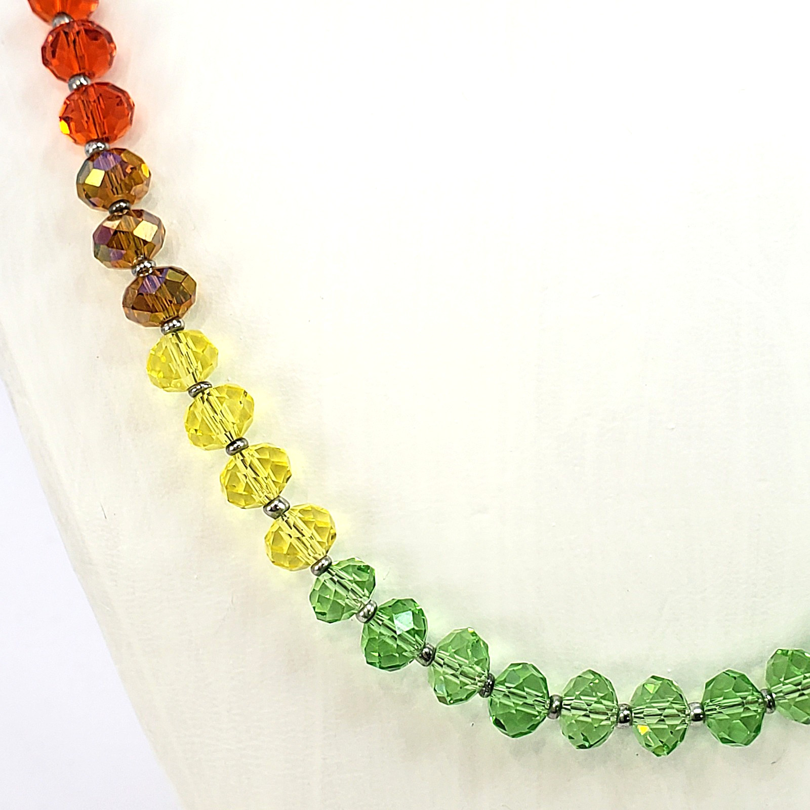 Multicolor RAINBOW Faceted Rondelle Glass Bead Necklace Silver Tone 19″ to 20.5″