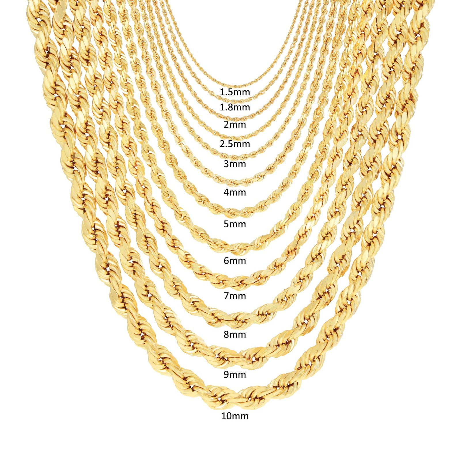 10K Yellow Gold 1.5mm-10mm Diamond Cut Rope Chain Necklace Mens Women 18″- 28″