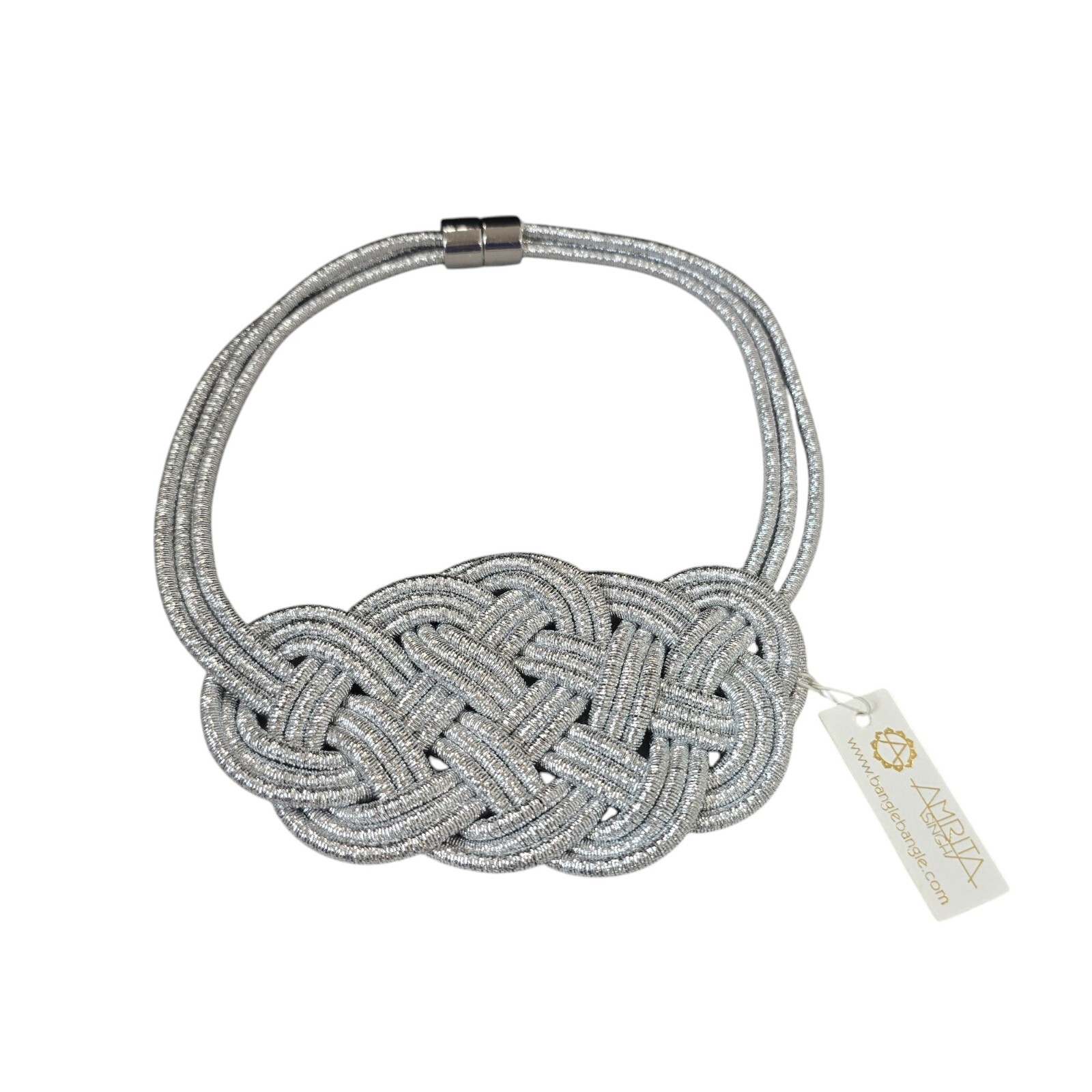 Amrita Singh Silver Bib Necklace Statement Braided Rope Magnetic Clasp NWT