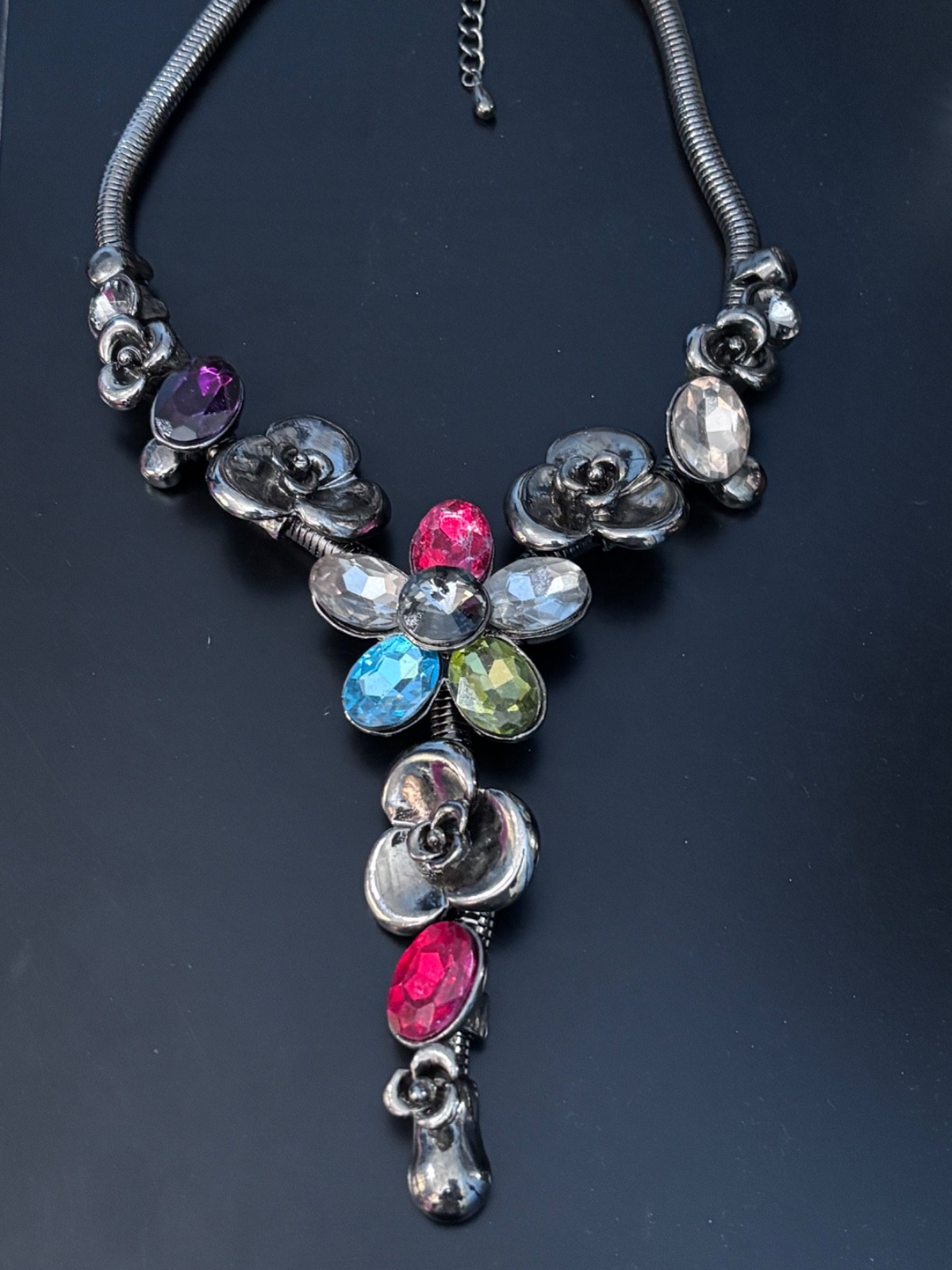 VTG Gunmetal Gray Snake Chain Choker Floral Statement Necklace Multicolor Stones