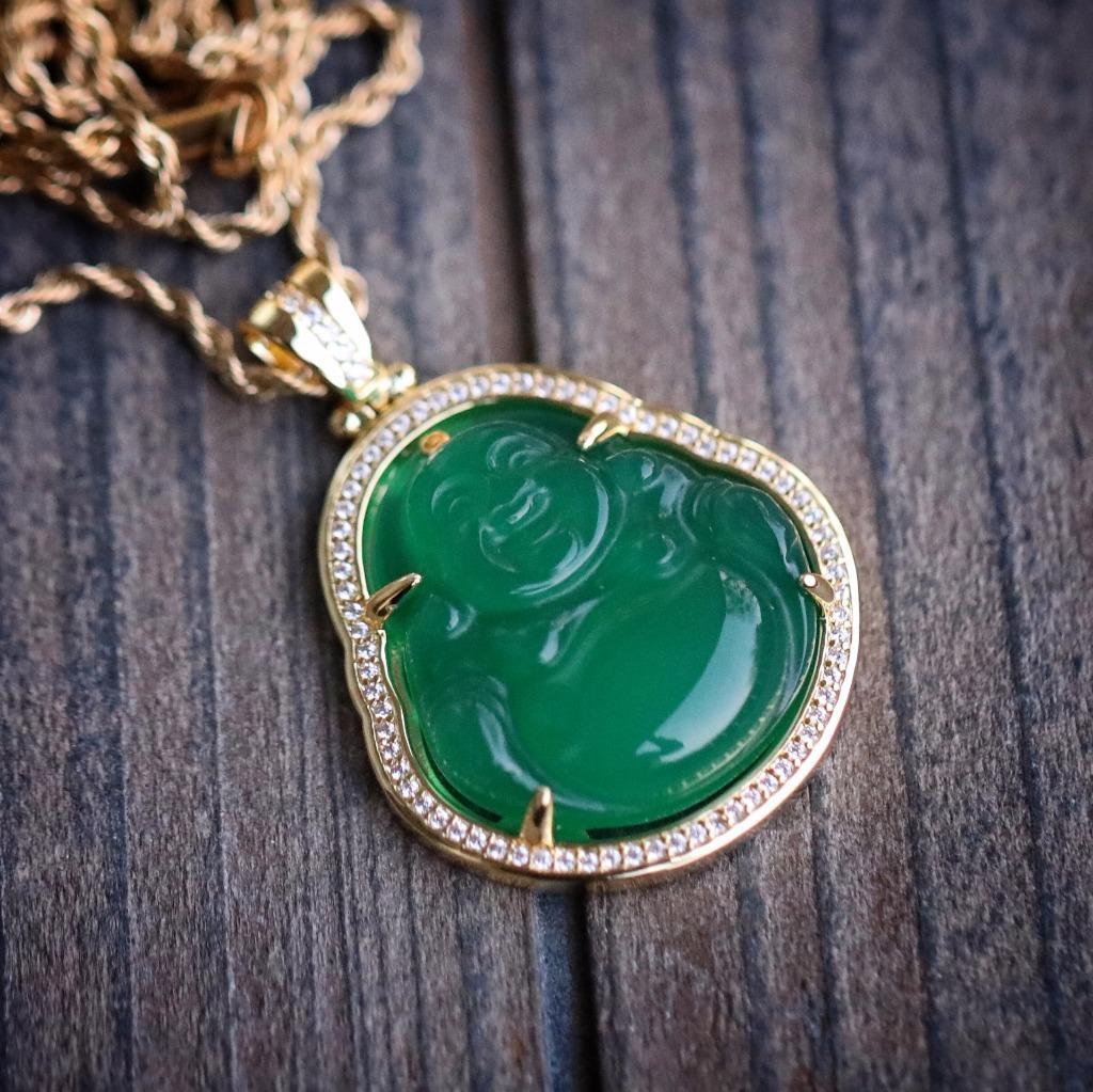 14K Gold Plated Green Jade Buddha Pendant Necklace With Lab Simulated Diamonds