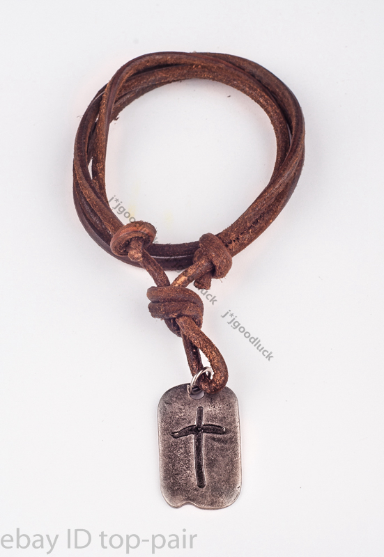 Mens Retro Metal Cross Pendant Genuine Leather Surfer Choker Bead Necklace