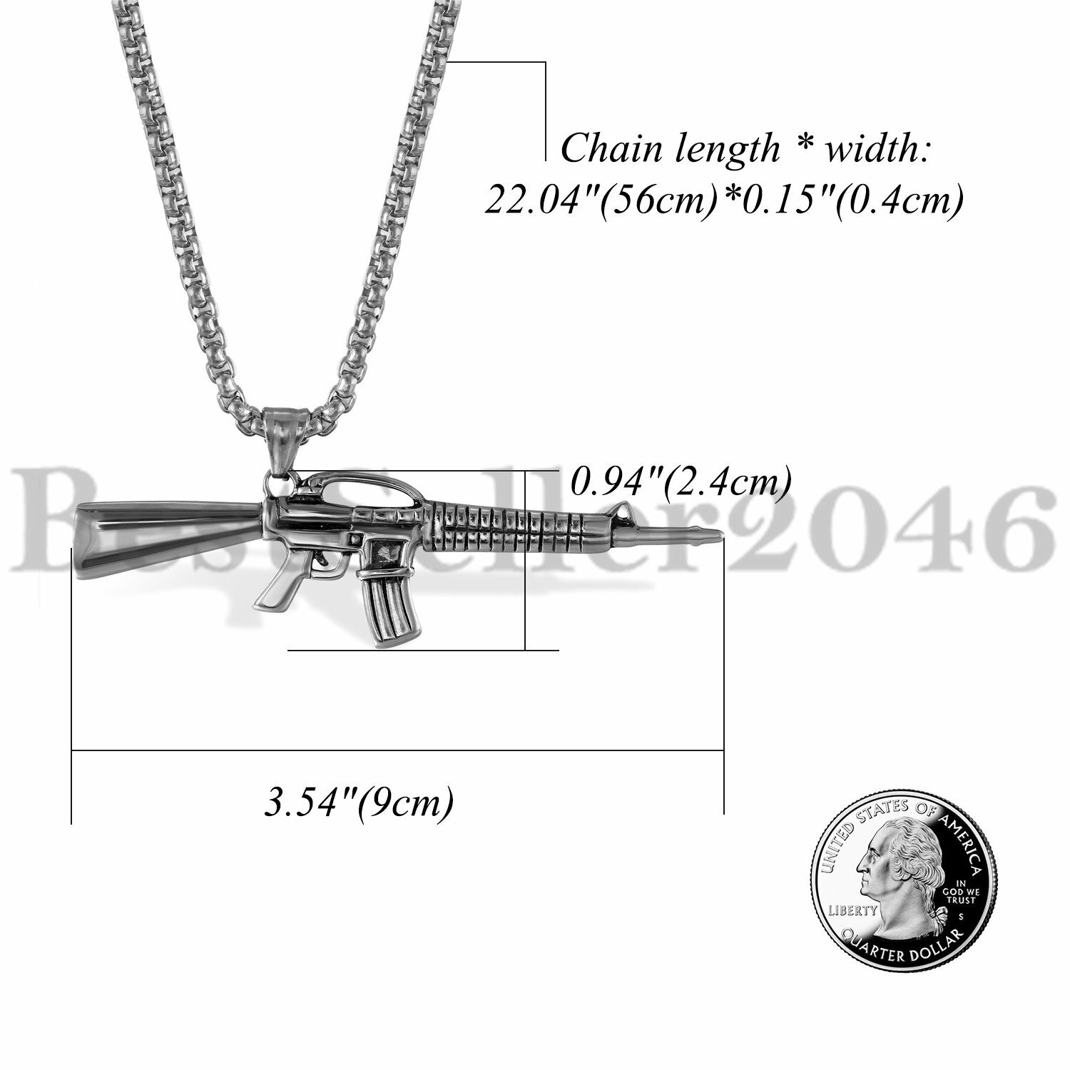 Mens Boys Stainless Steel Rifle Gun Military Army Jewelry Pendant Necklace 22″