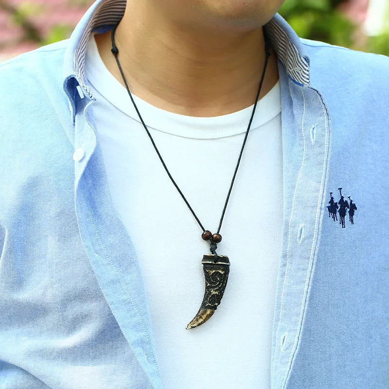 Men’s Fashion Jewelry Vintage Brown Wolf Fang Rope Pendant Necklace 524