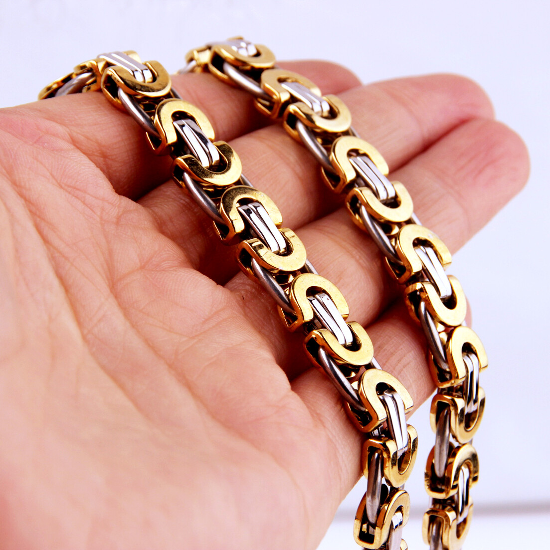 6/8/11mm 7-40″ Fashion Stainless Steel Byzantine Flat Chain Mens Womens Necklace