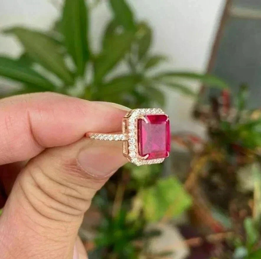 3.10 Ct Emerald Cut Natural Ruby Diamond Wedding Ring 14K Solid Yellow Gold