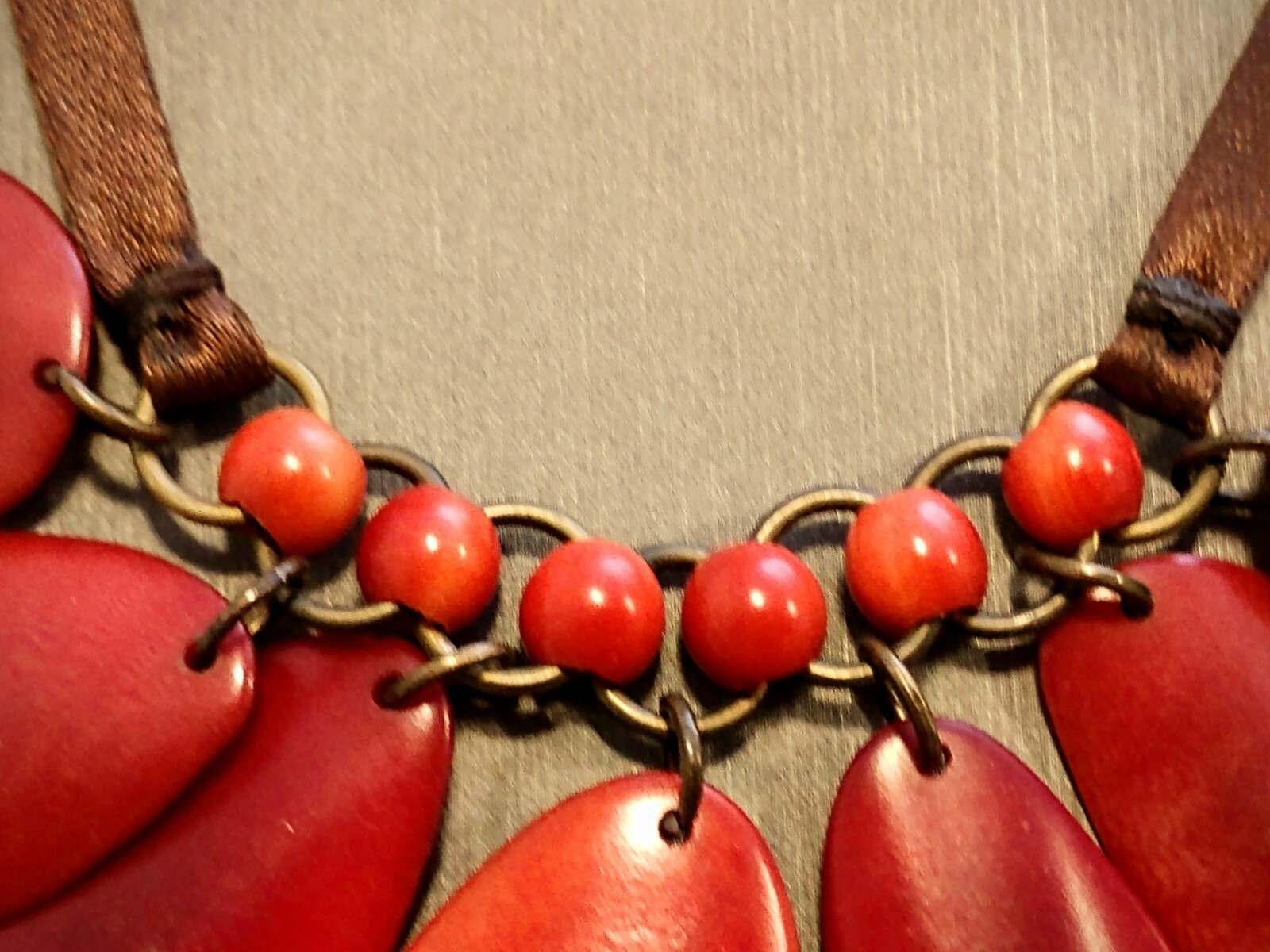 Voguish & Hot Red Wavy Ovals and Beads with Brown Cord Strand Necklace ~ Choker