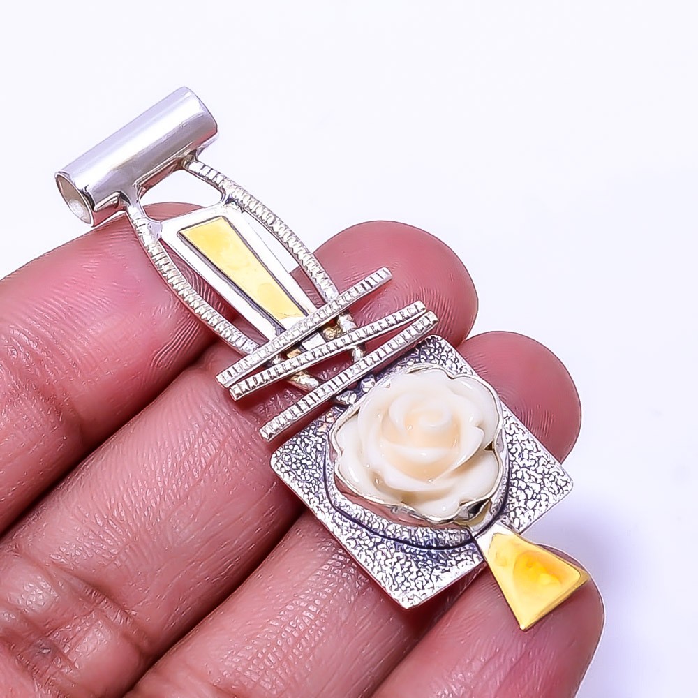Carved White Coral 925 Sterling Silver Two Tone Designer Pendant 2.26″ P25