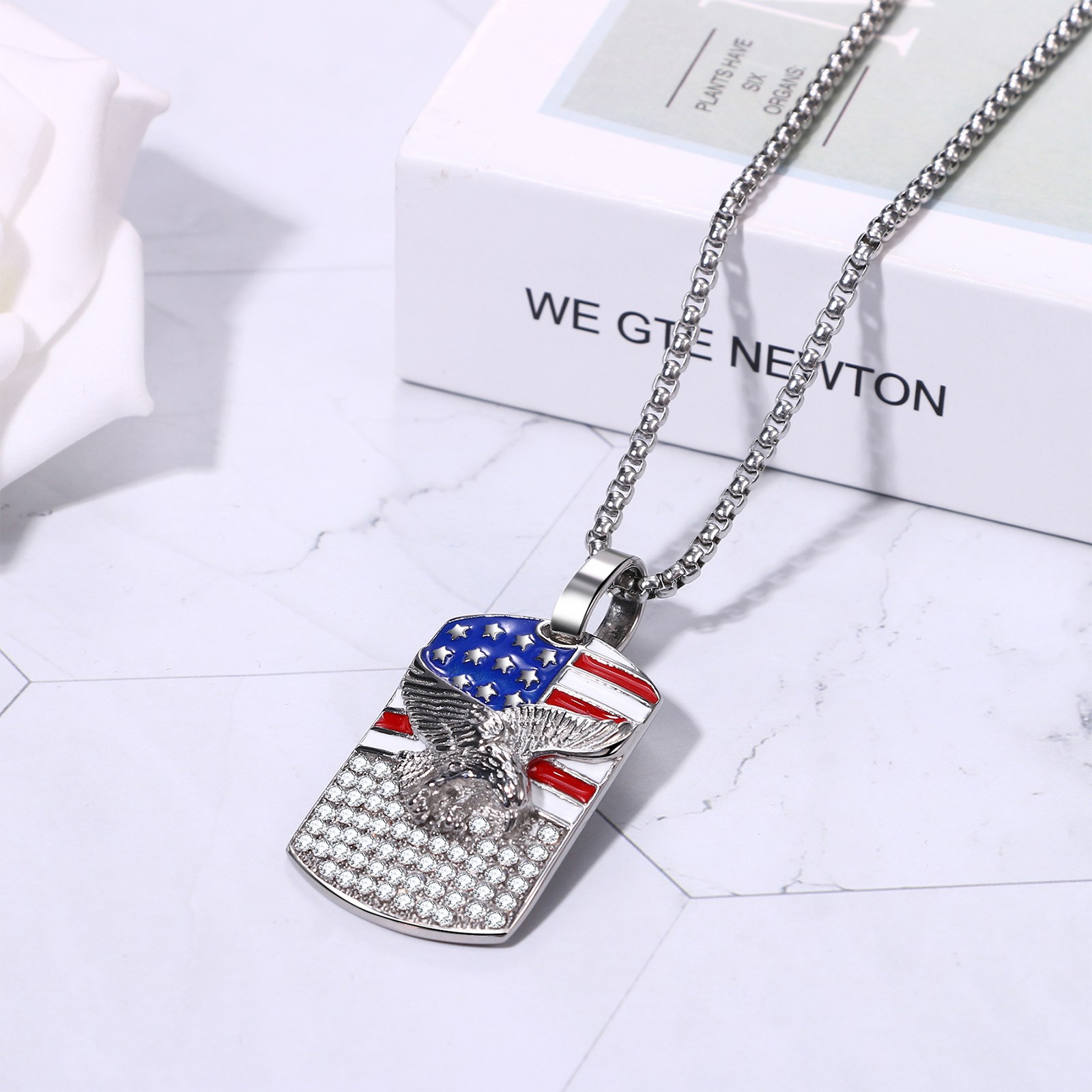 Men Bling CZ Eagle USA Flag Patriotic Dog Tag Spiritual Biker Necklace 25″ Chain