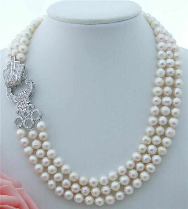 8-9MM 3 Strands White Pearl Necklace CZ Clasp 19-21inch