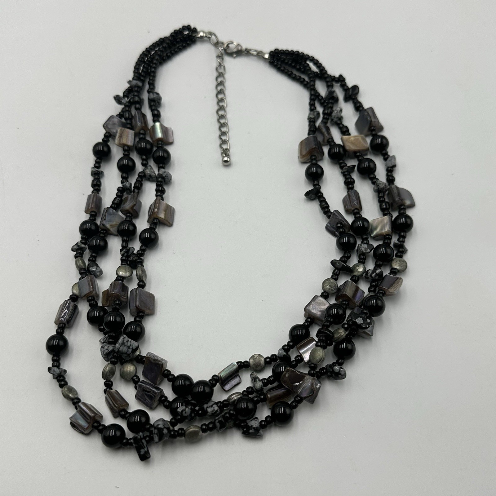 Shell Bead Necklace Multi Strand Black Grey Chunky Layered Jewelry 18 Inch