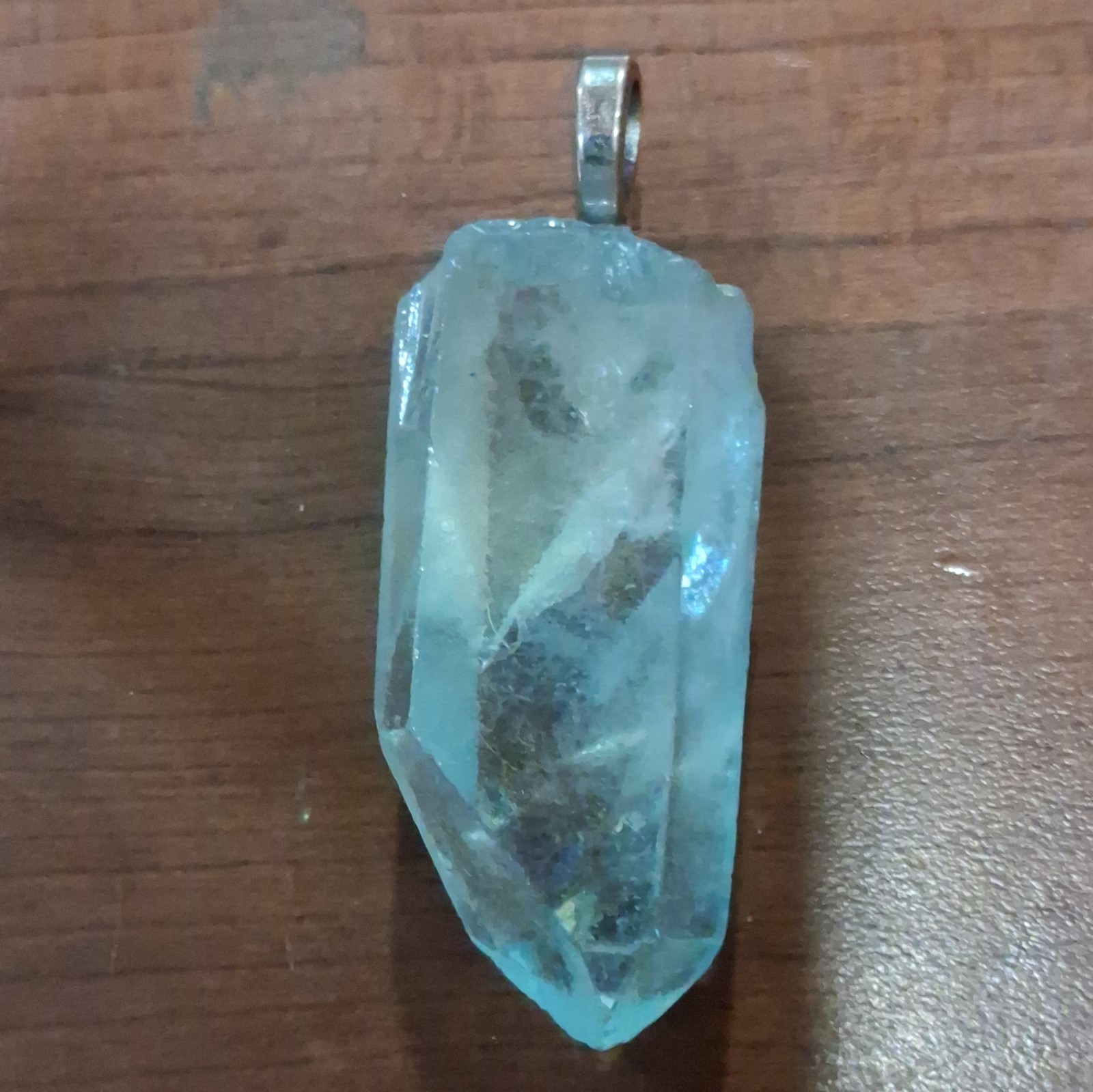 Aquamarine Crystal Stone Charm Pendant Asymmetrical Silver-Tone Bail