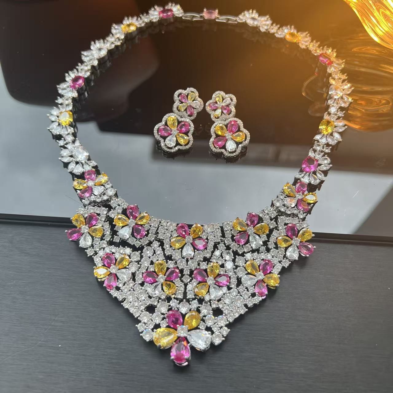 Statement Jewelry Set Zircon Necklace Drop Earrings Womens Fashion Accessory