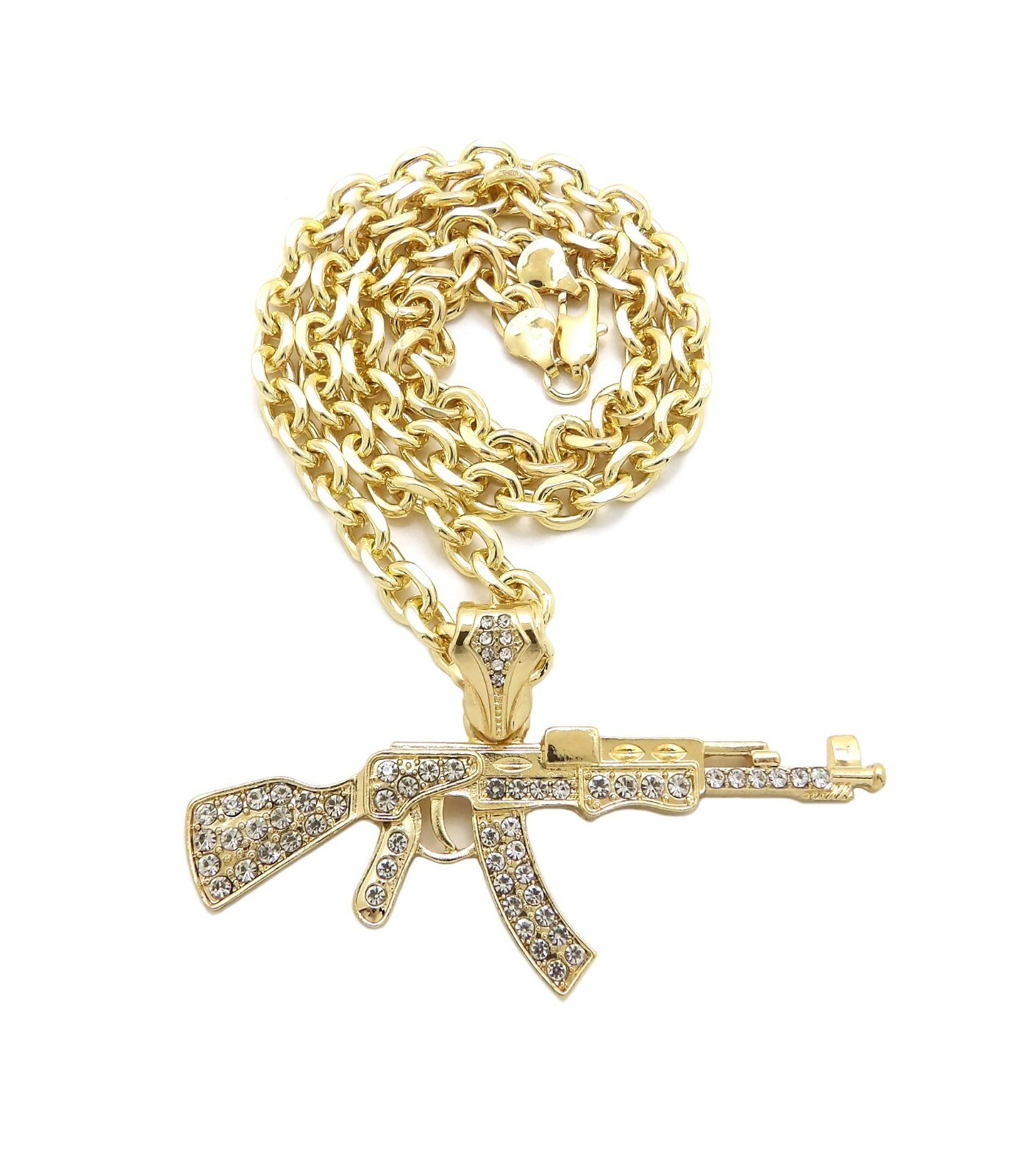 Iced AK47 Machine Gun Hip Hop Pendant 7mm/18″,20″,24″ Link Chain Necklace RC4367