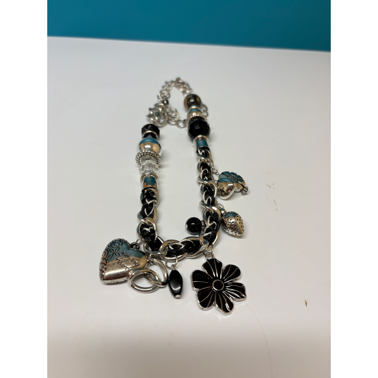 Chunky Silver Black Woven Chain Charm Choker Necklace Heart Flower Y2K Grunge