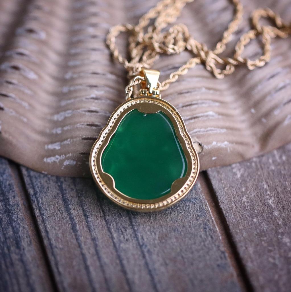 14K Gold Plated Green Jade Buddha Pendant Necklace With Lab Simulated Diamonds